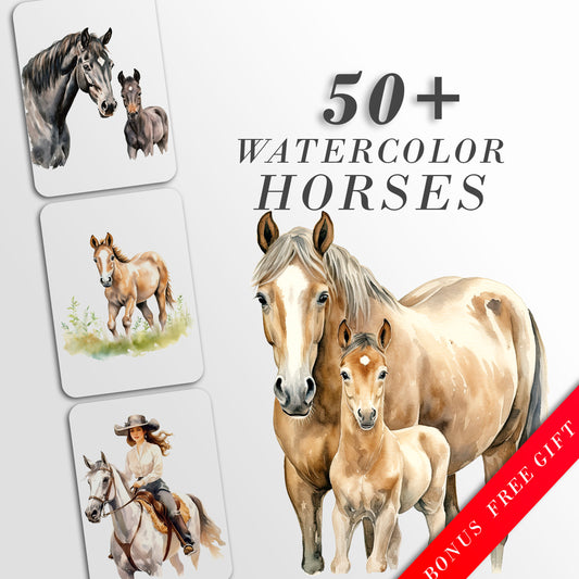 Watercolor Horses Clipart: Horse and Foal Art for Crafts and Decor | PNG Bundle | Digital Download | Sublimation files | Horse riding images