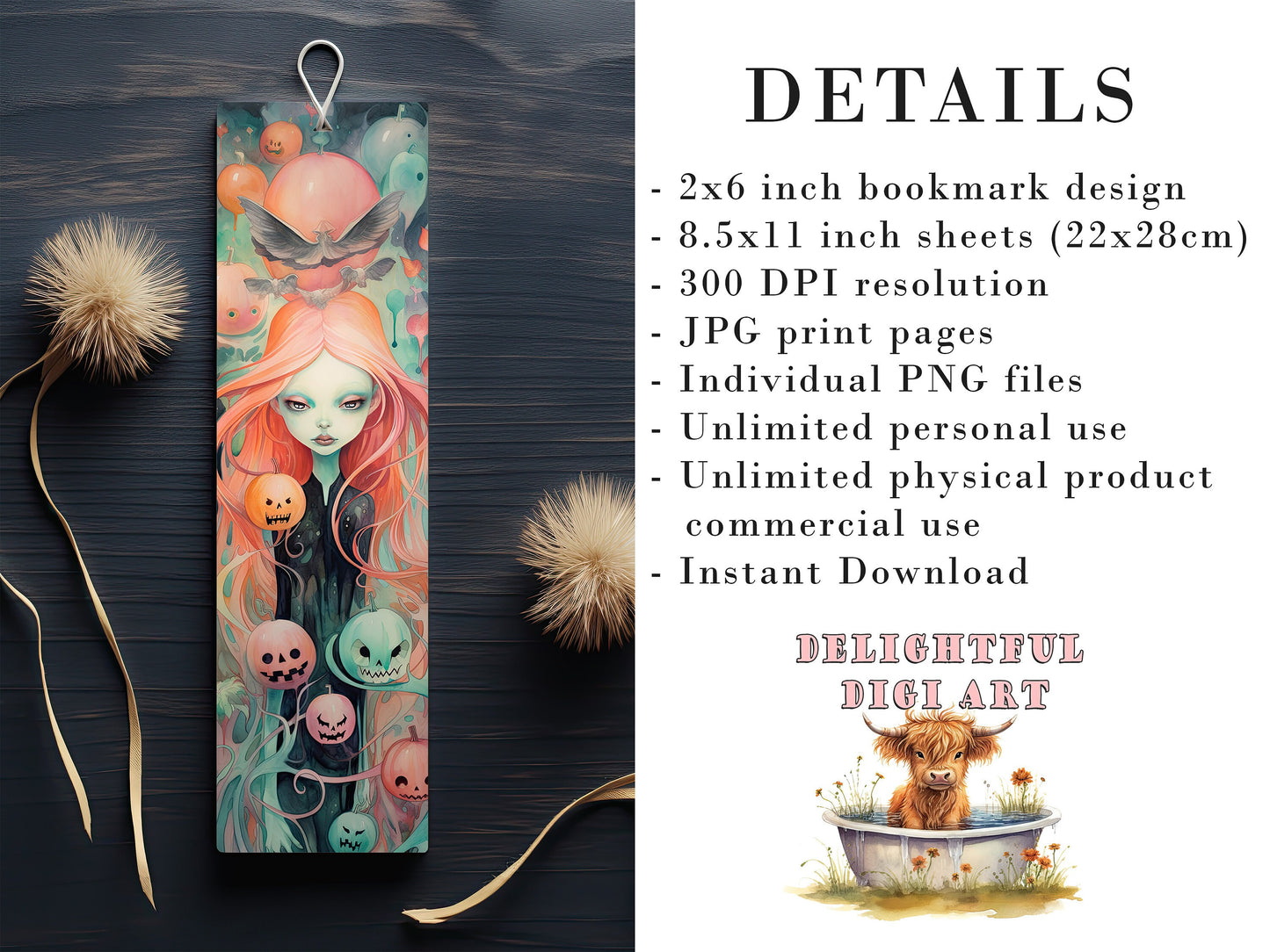 20 Cute Pastel Halloween Printable Bookmarks | Digital Download JPG Bookmark Set| PNG bookmark sublimation | Spooky bookmark set | Whimsical