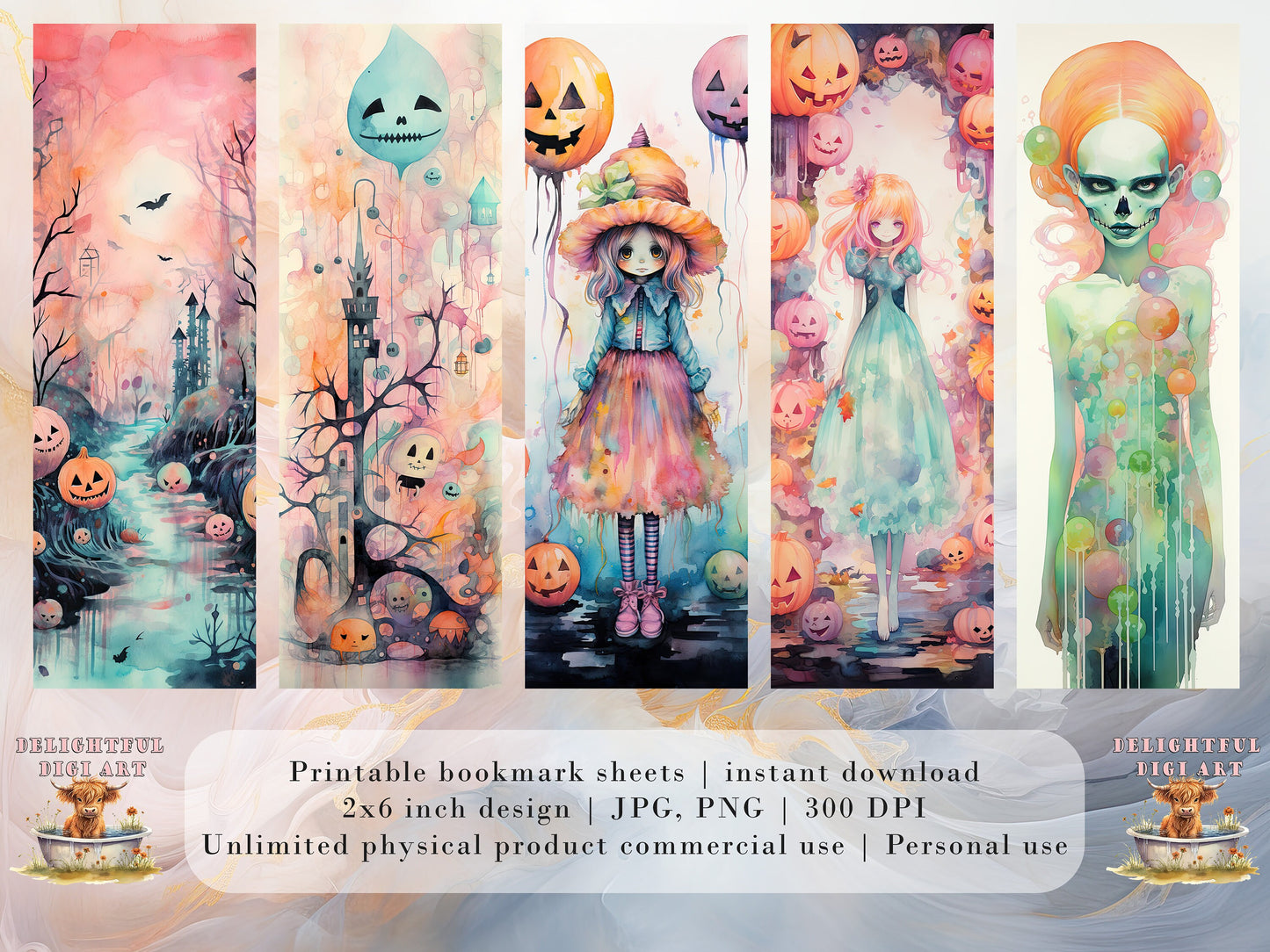 20 Cute Pastel Halloween Printable Bookmarks | Digital Download JPG Bookmark Set| PNG bookmark sublimation | Spooky bookmark set | Whimsical