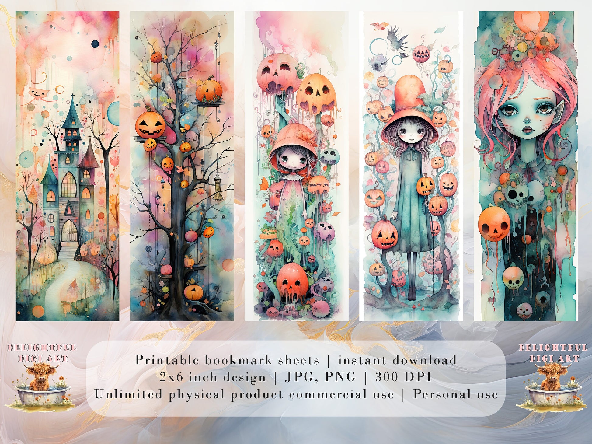 20 Cute Pastel Halloween Printable Bookmarks | Digital Download JPG Bookmark Set| PNG bookmark sublimation | Spooky bookmark set | Whimsical