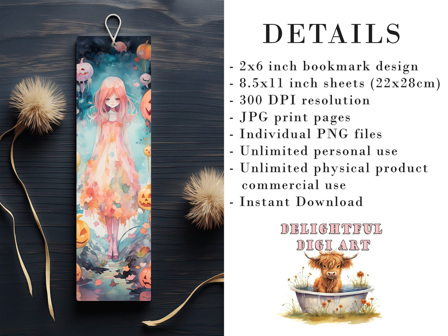 20 Cute Pastel Halloween Printable Bookmarks | Digital Download JPG Bookmark Set| PNG bookmark sublimation | Spooky bookmark set | Whimsical