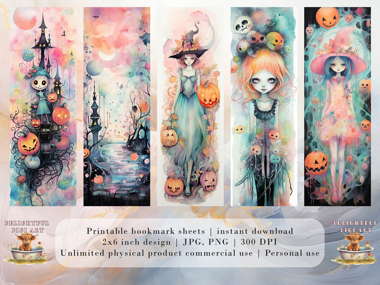 20 Cute Pastel Halloween Printable Bookmarks | Digital Download JPG Bookmark Set| PNG bookmark sublimation | Spooky bookmark set | Whimsical