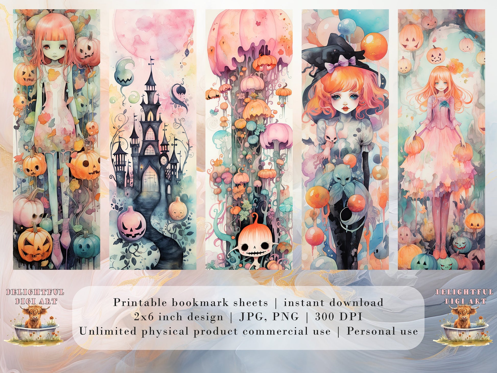 20 Cute Pastel Halloween Printable Bookmarks | Digital Download JPG Bookmark Set| PNG bookmark sublimation | Spooky bookmark set | Whimsical