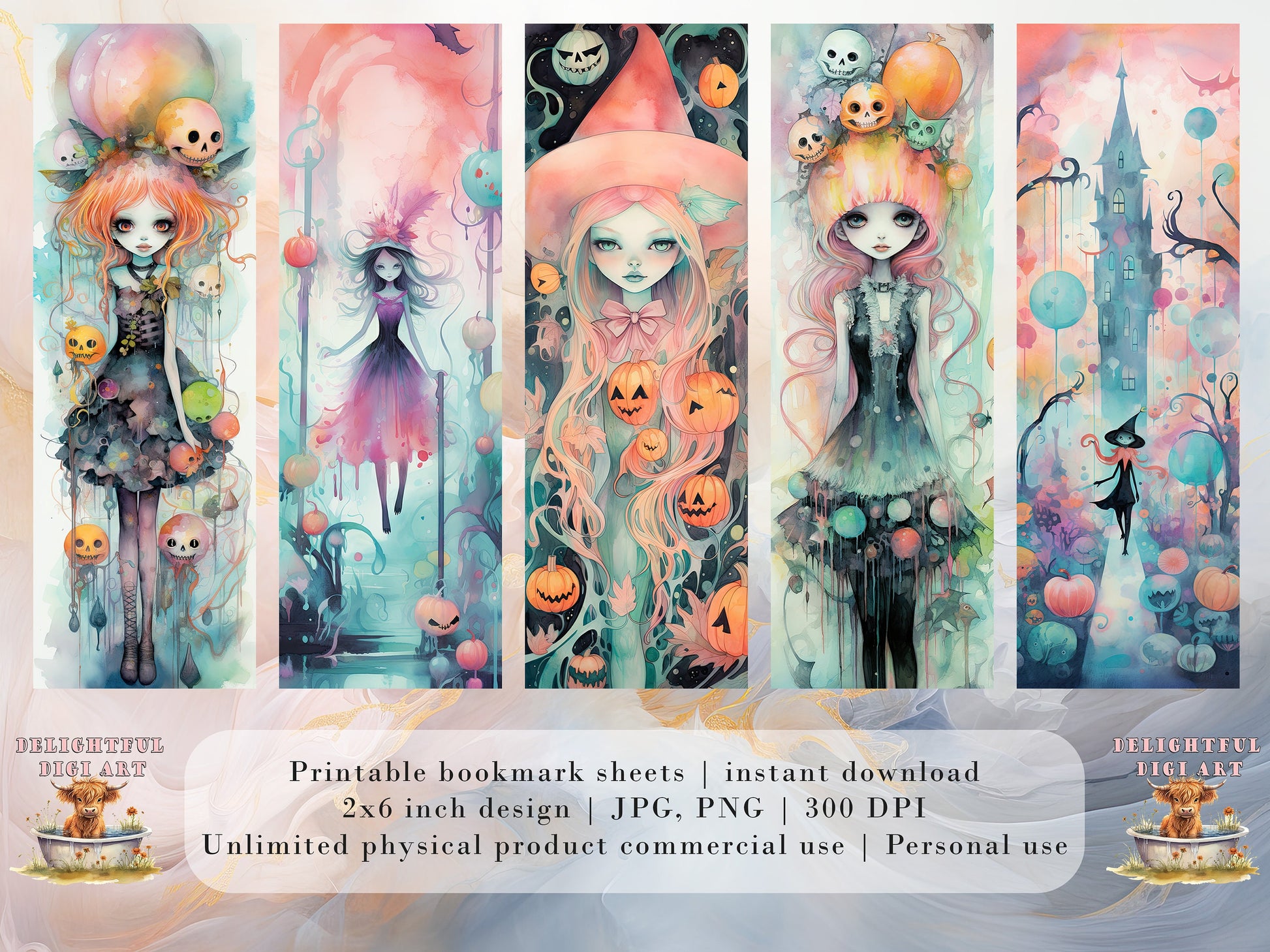 20 Cute Pastel Halloween Printable Bookmarks | Digital Download JPG Bookmark Set| PNG bookmark sublimation | Spooky bookmark set | Whimsical