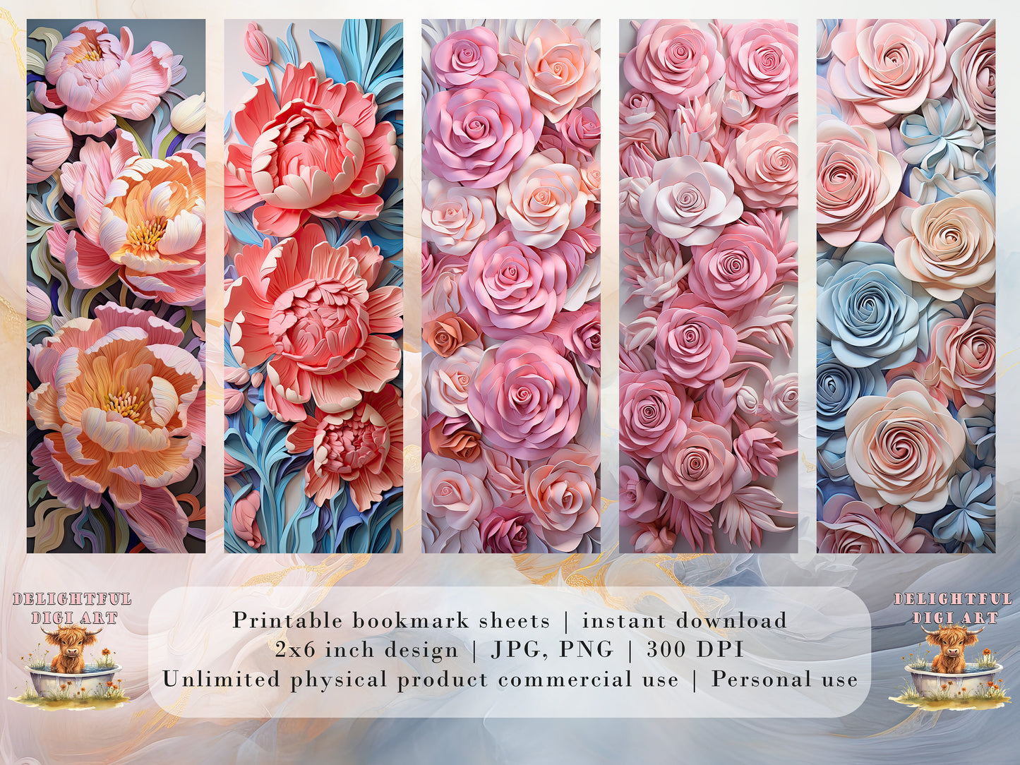 10 3D Pastel Flowers Printable Bookmarks | Digital Download JPG Bookmark Sheets | PNG bookmark sublimation | Floral bookmark set