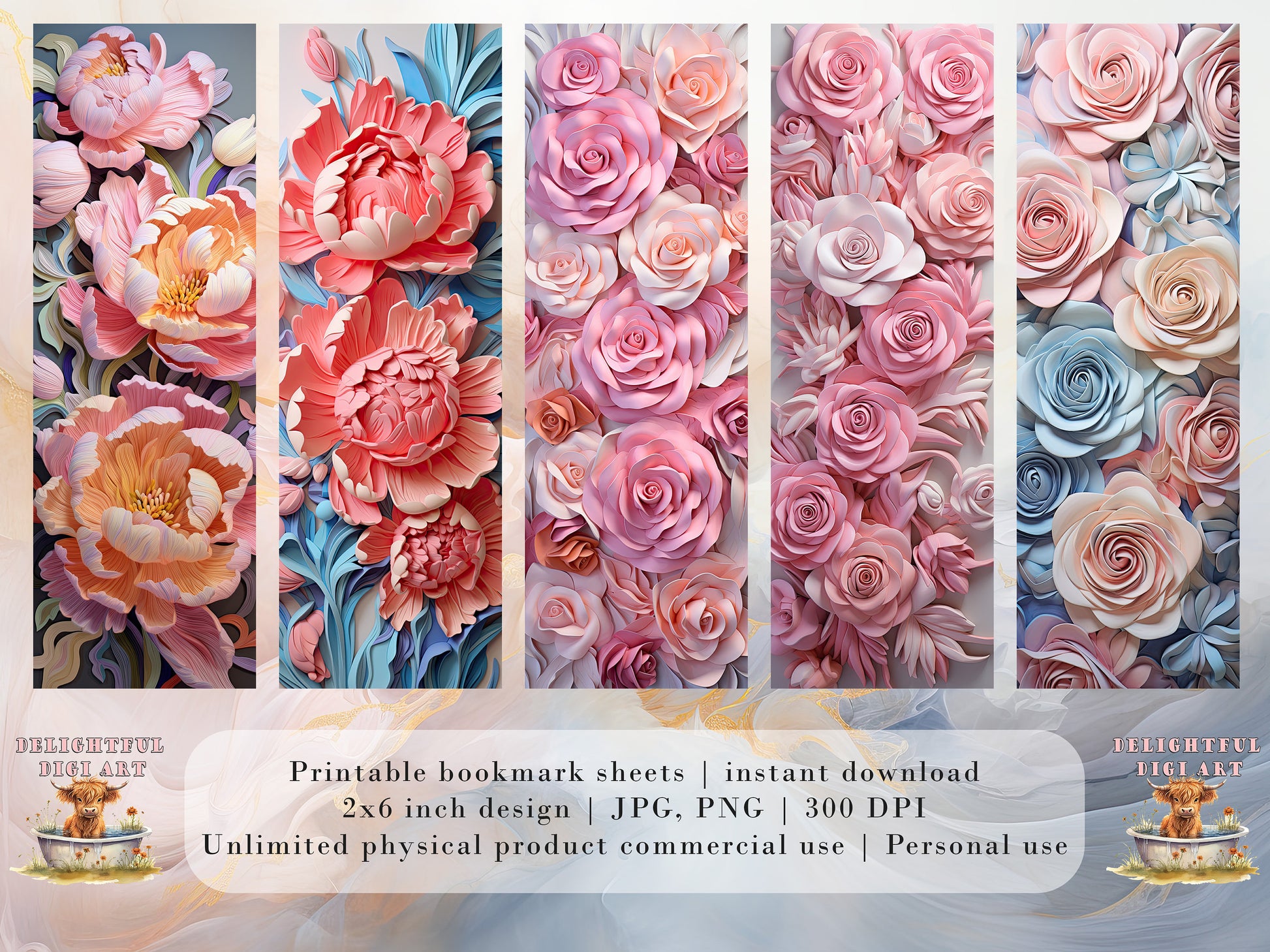 10 3D Pastel Flowers Printable Bookmarks | Digital Download JPG Bookmark Sheets | PNG bookmark sublimation | Floral bookmark set