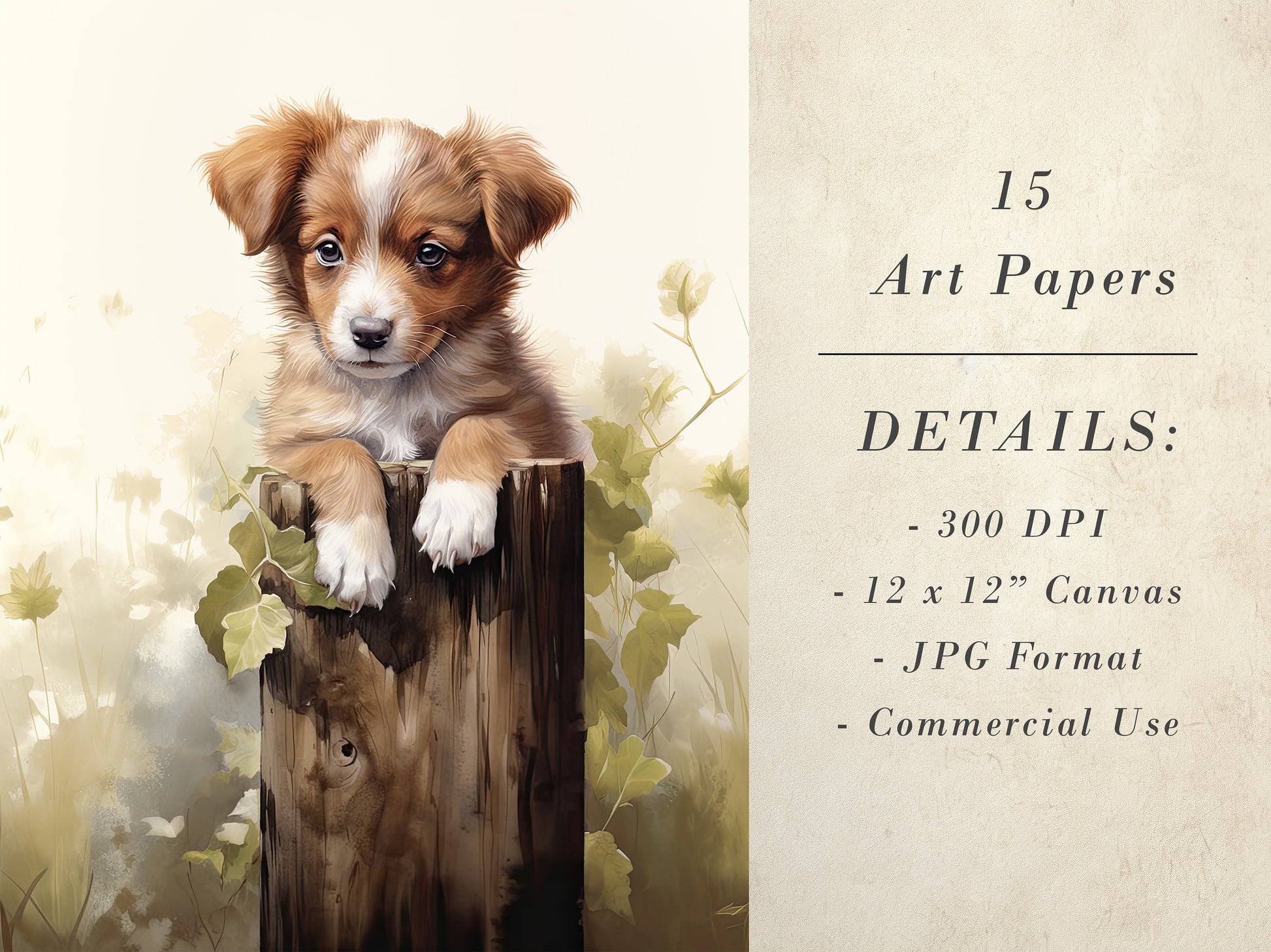 15 Cute Country Puppies Printable Art Pages| Digital Download JPG Paper Set| Whimsical Digital Paper Bundle| Dog Lover Art| Dog Graphics