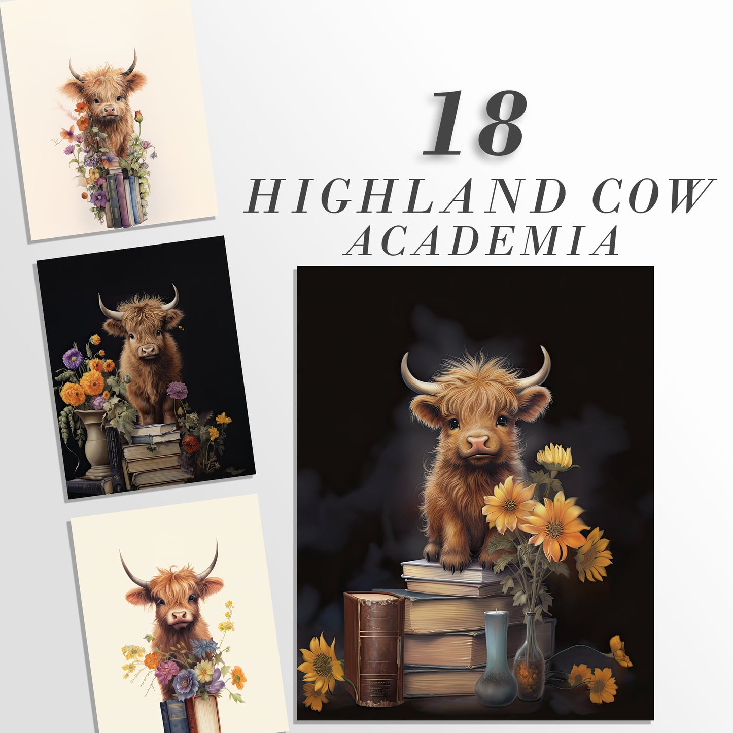 18 Highland Cow Academia Printable Art Pages| Digital Download JPG Paper Set| Whimsical Digital Paper Bundle| Cow Lover Art| Cow Graphics