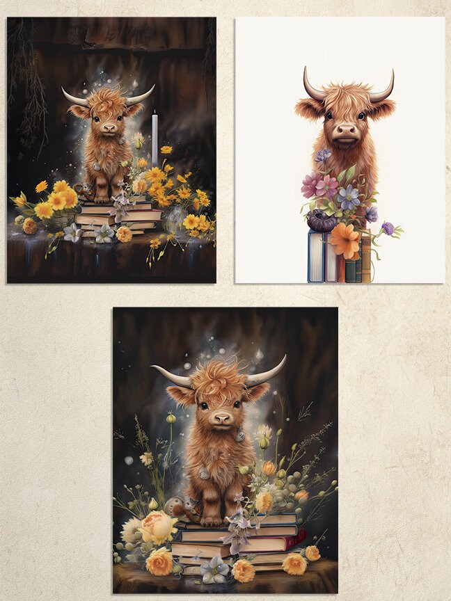 18 Highland Cow Academia Printable Art Pages| Digital Download JPG Paper Set| Whimsical Digital Paper Bundle| Cow Lover Art| Cow Graphics