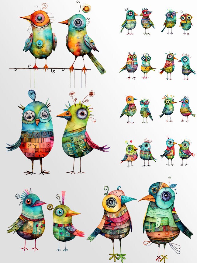 Whimsical Birds Clipart: Abstract Watercolor Birds for Crafts and Decor | PNG Bundle | Digital Download | Sublimation files | Retro Art Pack