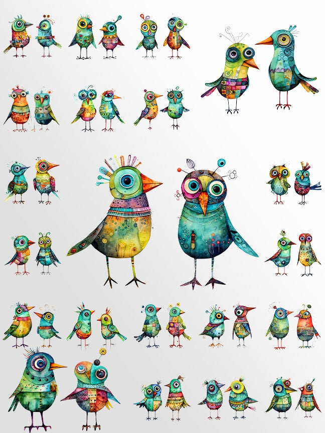 Whimsical Birds Clipart: Abstract Watercolor Birds for Crafts and Decor | PNG Bundle | Digital Download | Sublimation files | Retro Art Pack