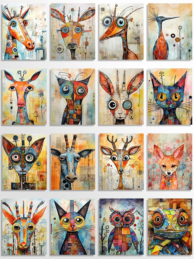 57 Abstract Animal Printable Art Pages| Digital Download JPG Paper Set| sublimation bundle| Whimsical Digital Paper Pack| Retro Junk Journal