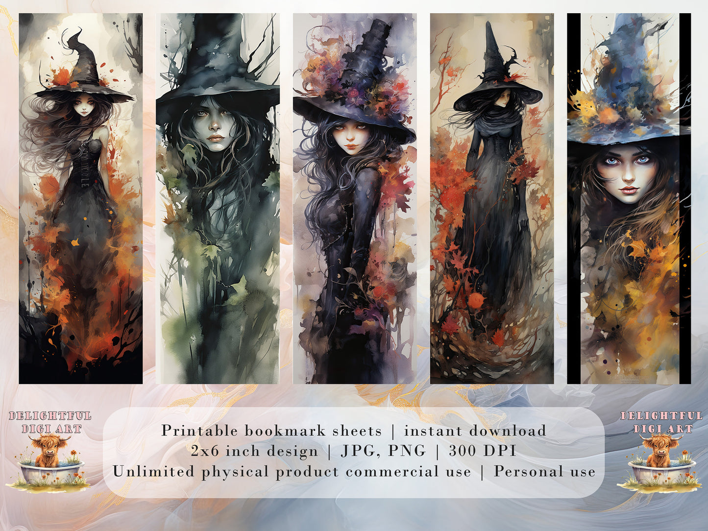 10 Witch Printable Bookmarks | Digital Download JPG Bookmark Set| PNG bookmark sublimation | Whitchy bookmark Bundle | Fussy Cuts | Occult