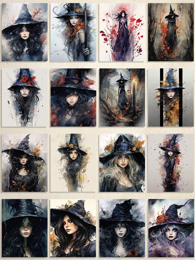 27 Witch Printable Art Pages | Digital Download JPG Paper Set| PNG sublimation | Witchy Digital Paper Bundle | Watercolor Witch Art | Craft