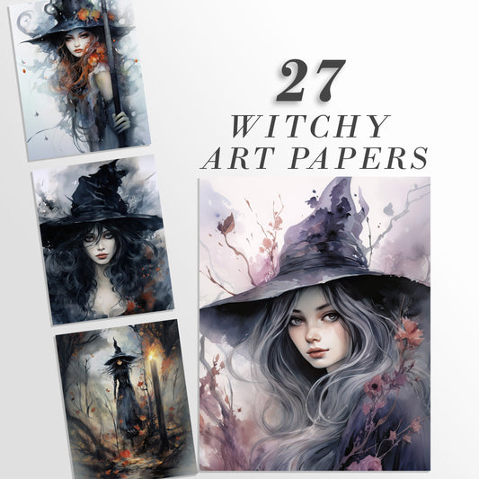 27 Witch Printable Art Pages | Digital Download JPG Paper Set| PNG sublimation | Witchy Digital Paper Bundle | Watercolor Witch Art | Craft
