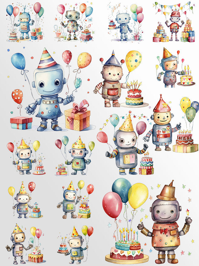 Cute Robot Birthday Clipart: Watercolor Robots for Crafts and Decor | PNG Bundle | Digital Download| Sublimation files| Birthday Invitation