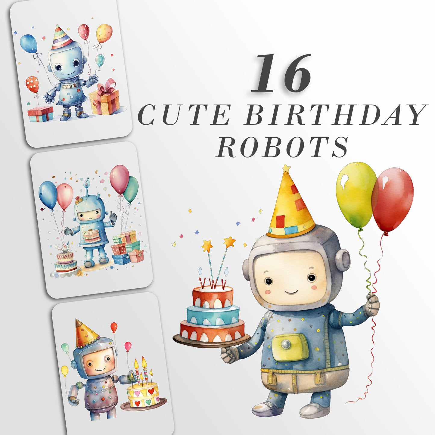 Cute Robot Birthday Clipart: Watercolor Robots for Crafts and Decor | PNG Bundle | Digital Download| Sublimation files| Birthday Invitation