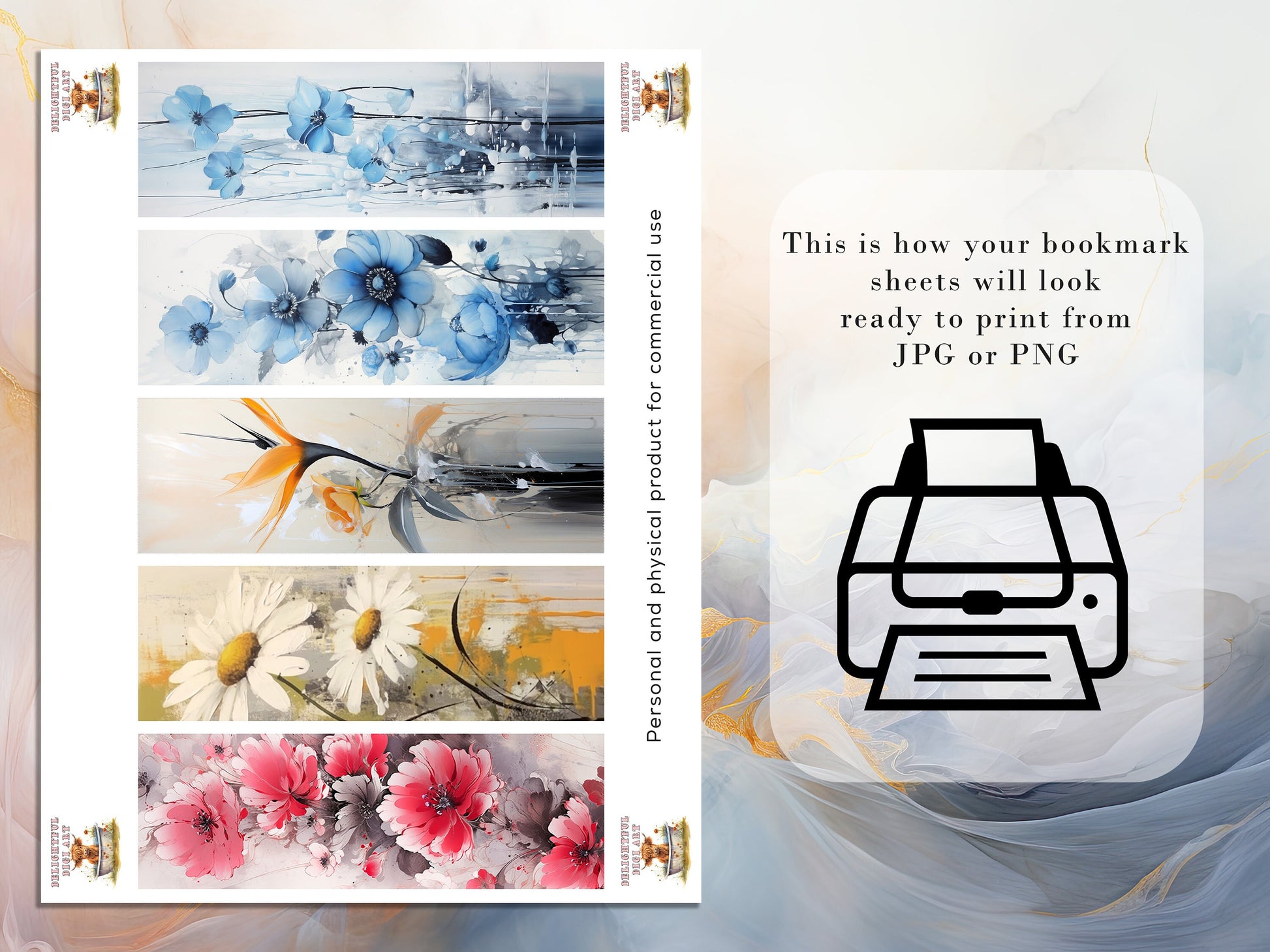 20 Ink Wash Flowers Printable Bookmarks | Digital Download JPG Bookmark Set| PNG bookmark sublimation | Whimsical bookmark set | Fussy Cuts