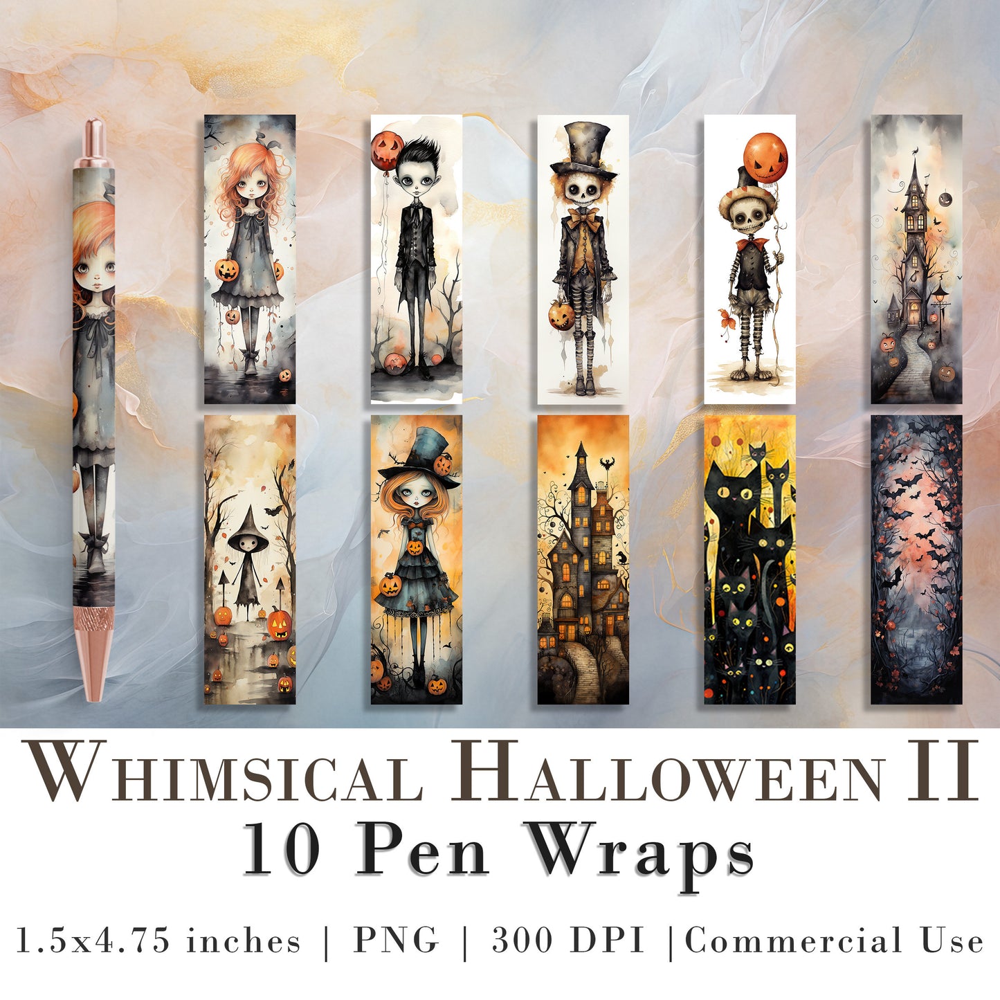 10 Whimsical Halloween Pen Wrap PNGs | Pen Wrap Sublimation Designs | Pen Waterslide Designs | Pencil Sublimation Design | Epoxy Pen Wraps