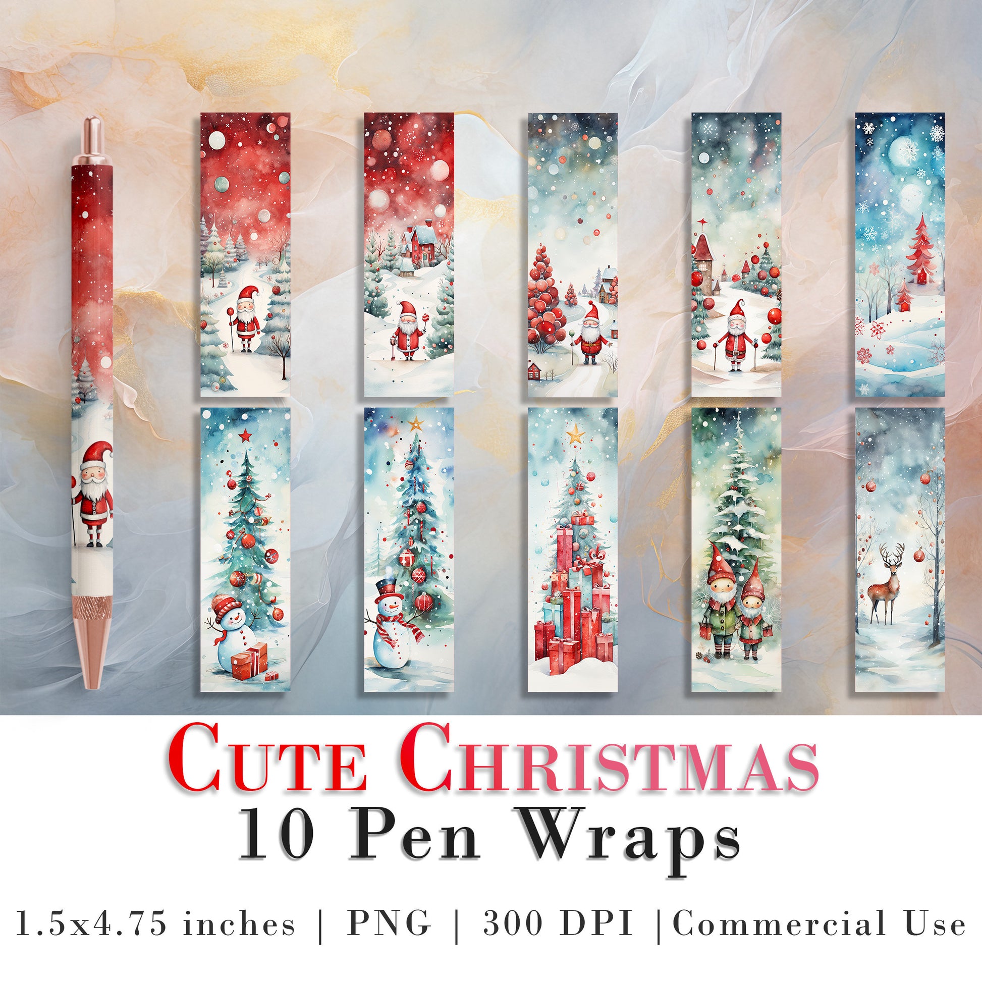 10 Cute Christmas Pen Wrap PNGs | Pen Wrap Sublimation Designs | Pen Waterslide Designs | Pencil Sublimation Design | Epoxy Pen Wraps