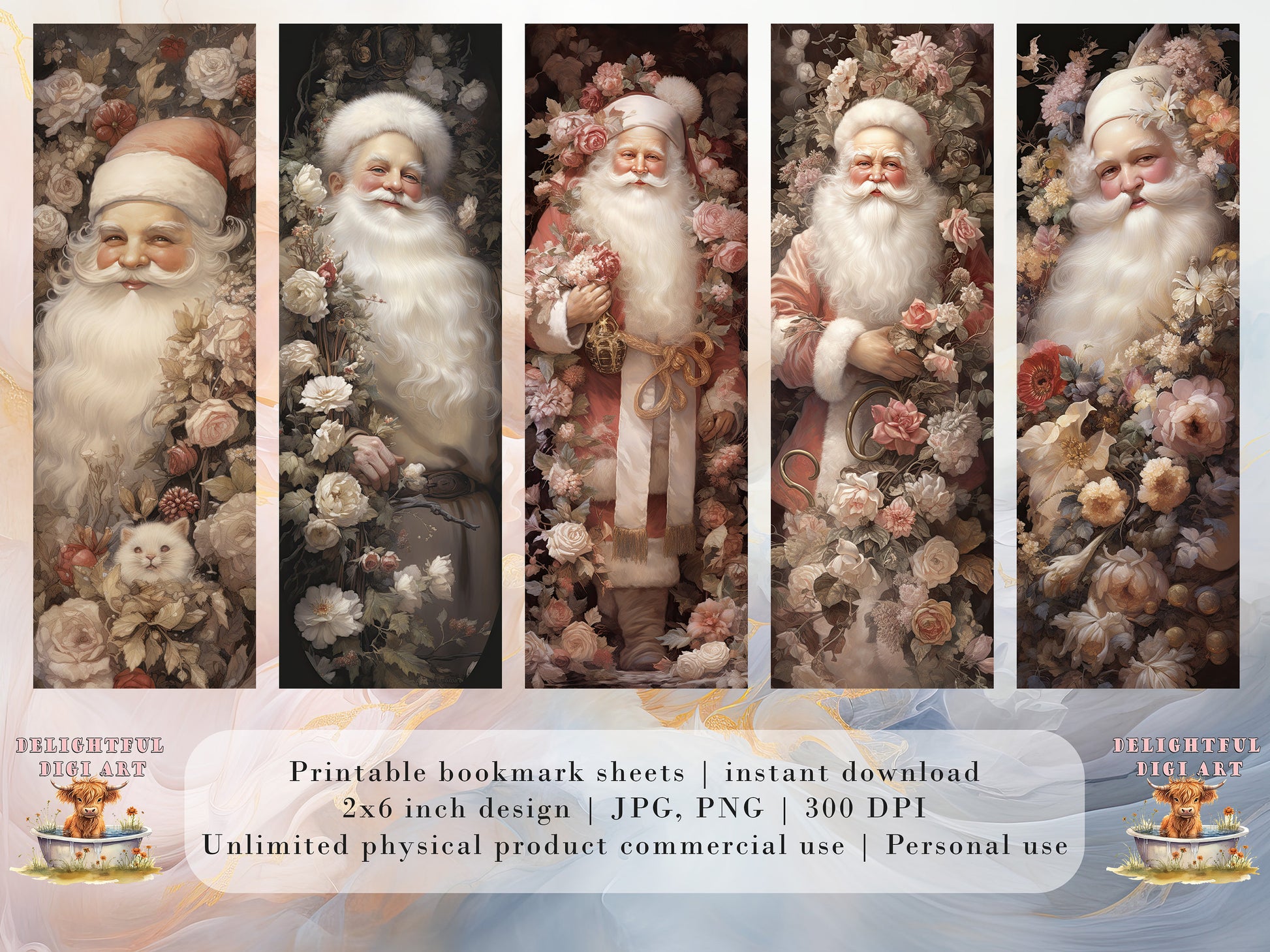 15 Floral Santa Printable Bookmarks | Digital Download JPG Bookmark Sheets| PNG bookmark sublimation| Bookmark set| Cheeky Xmas Graphics