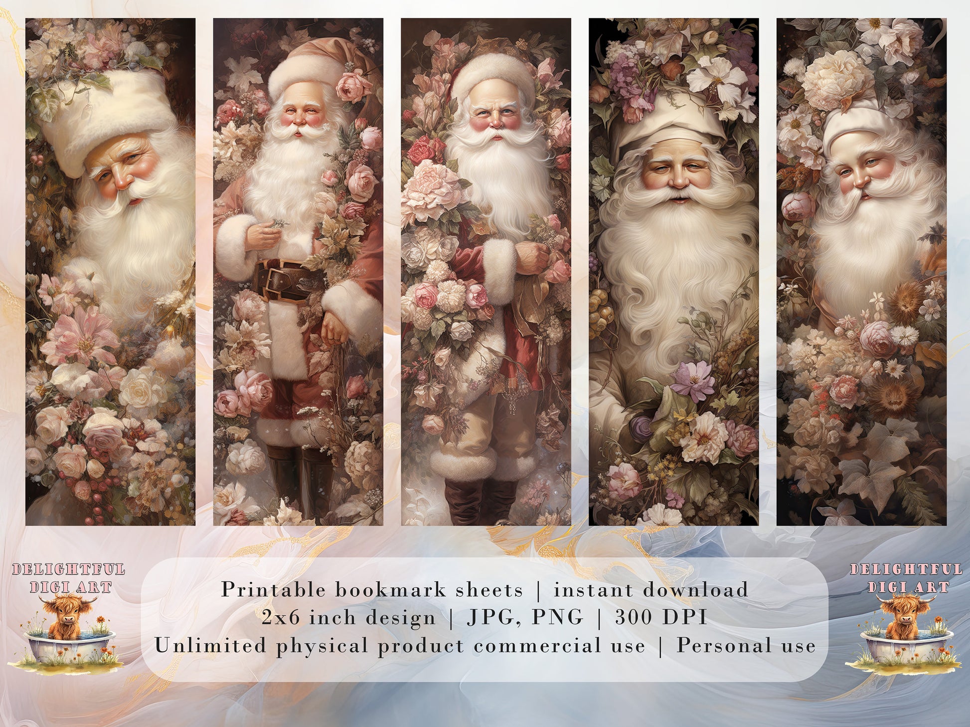 15 Floral Santa Printable Bookmarks | Digital Download JPG Bookmark Sheets| PNG bookmark sublimation| Bookmark set| Cheeky Xmas Graphics