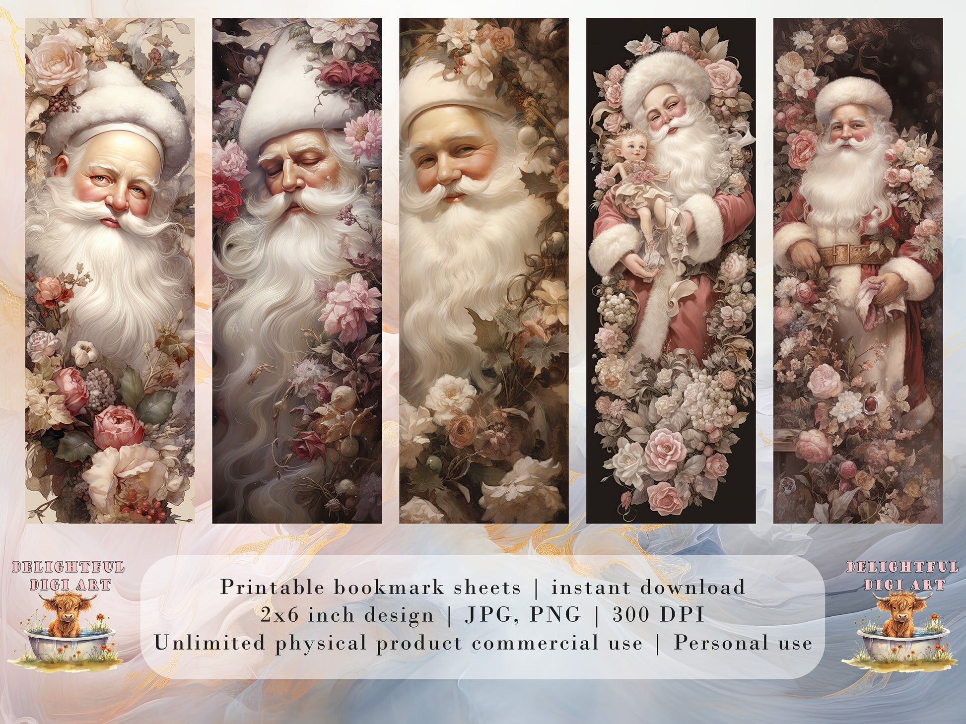 15 Floral Santa Printable Bookmarks | Digital Download JPG Bookmark Sheets| PNG bookmark sublimation| Bookmark set| Cheeky Xmas Graphics