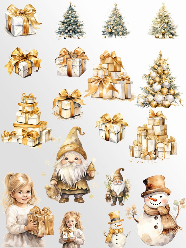 Golden Christmas Clipart: Watercolor X-mas for Crafts and Decor | PNG Bundle | Digital Download | Sublimation Designs| Cute Christmas Art