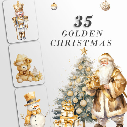 Golden Christmas Clipart: Watercolor X-mas for Crafts and Decor | PNG Bundle | Digital Download | Sublimation Designs| Cute Christmas Art