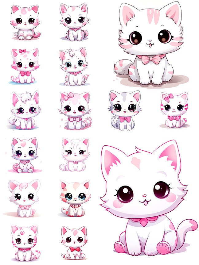 Cute Cat Clip Art, Kawaii Cats PNG Bundle, Kitten Art, Commercial Use, T-shirt sublimation, Birthday Invitations, Pink Cat Graphics