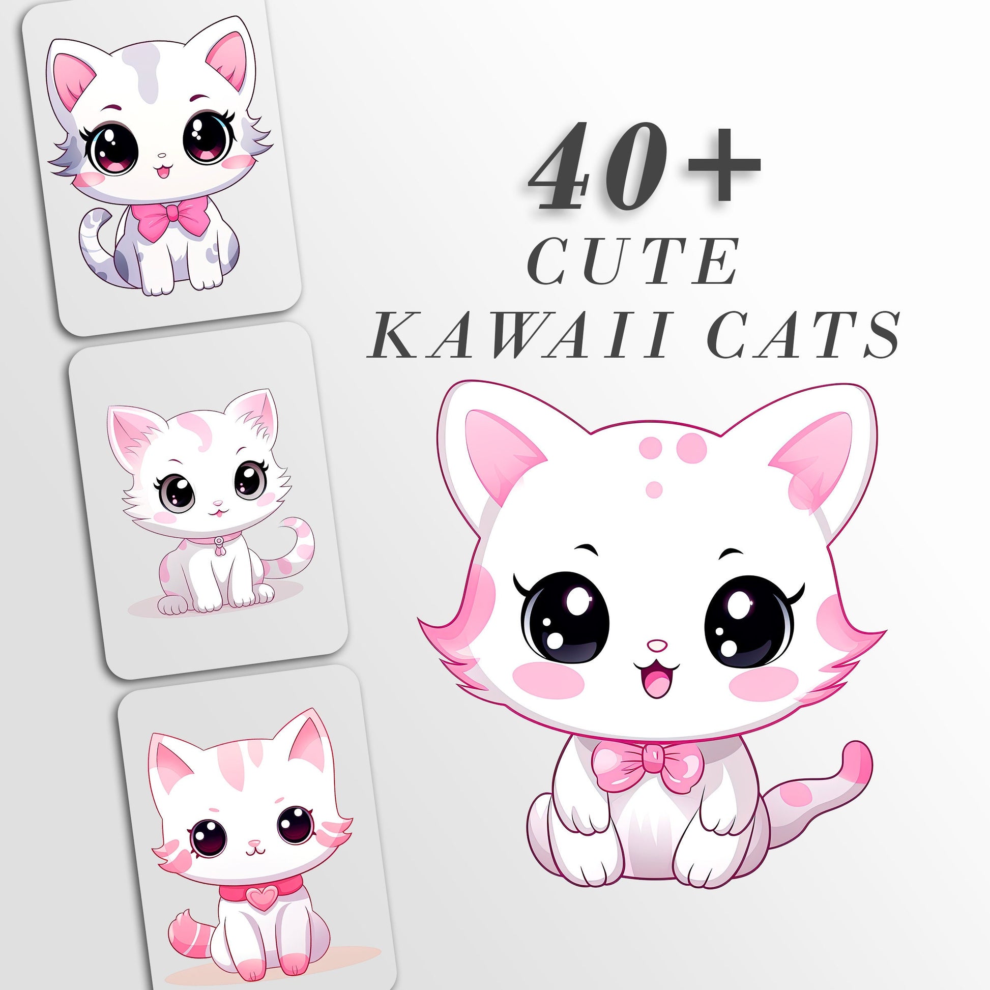 Cute Cat Clip Art, Kawaii Cats PNG Bundle, Kitten Art, Commercial Use, T-shirt sublimation, Birthday Invitations, Pink Cat Graphics