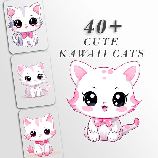 Cute Cat Clip Art, Kawaii Cats PNG Bundle, Kitten Art, Commercial Use, T-shirt sublimation, Birthday Invitations, Pink Cat Graphics