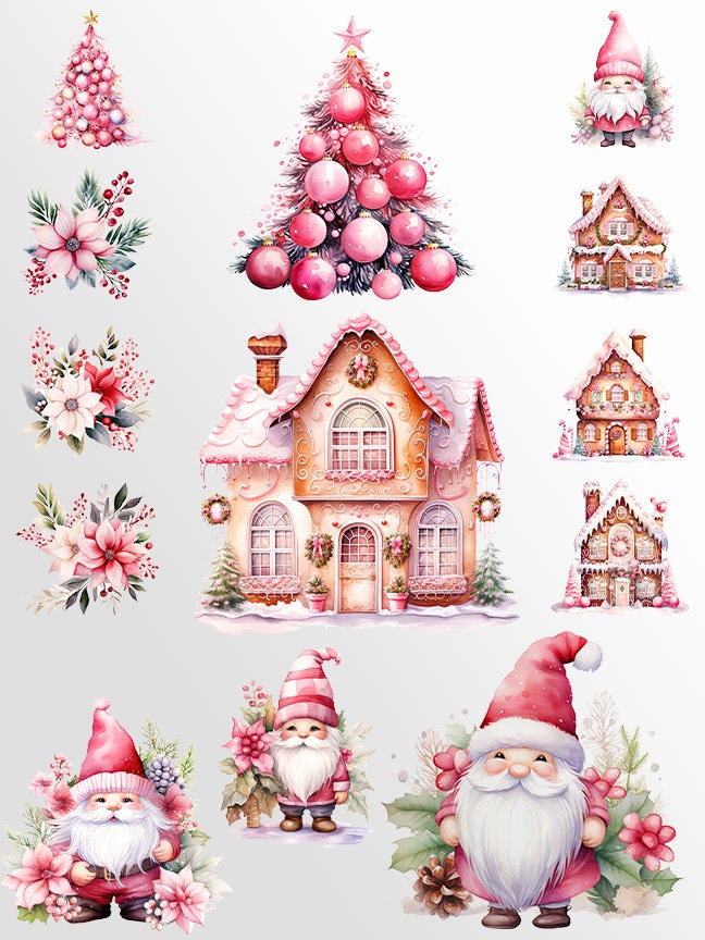 Pink Christmas Clipart: Watercolor X-mas for Crafts and Decor | PNG Bundle | Digital Download | Sublimation Designs| Cute Christmas Art