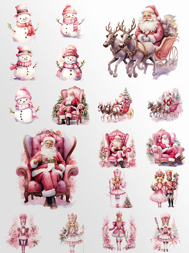 Pink Christmas Clipart: Watercolor X-mas for Crafts and Decor | PNG Bundle | Digital Download | Sublimation Designs| Cute Christmas Art