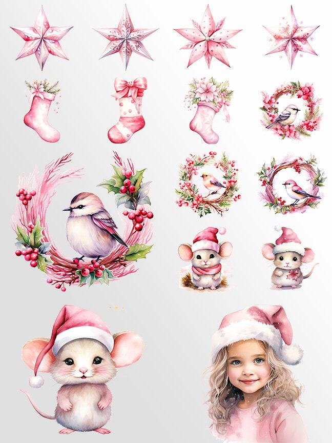 Pink Christmas Clipart: Watercolor X-mas for Crafts and Decor | PNG Bundle | Digital Download | Sublimation Designs| Cute Christmas Art