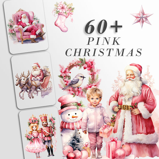 Pink Christmas Clipart: Watercolor X-mas for Crafts and Decor | PNG Bundle | Digital Download | Sublimation Designs| Cute Christmas Art