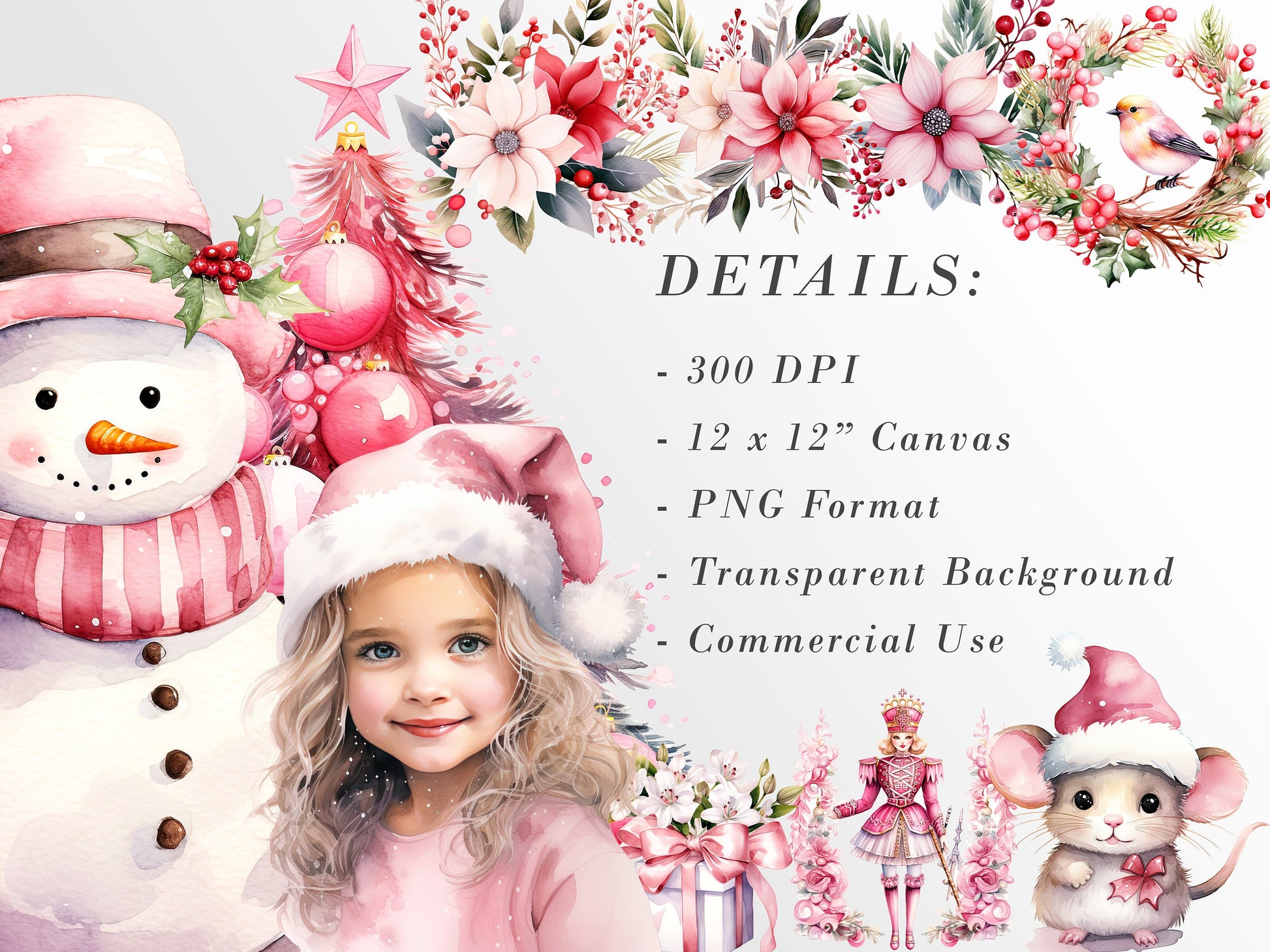 Pink Christmas Clipart: Watercolor X-mas for Crafts and Decor | PNG Bundle | Digital Download | Sublimation Designs| Cute Christmas Art