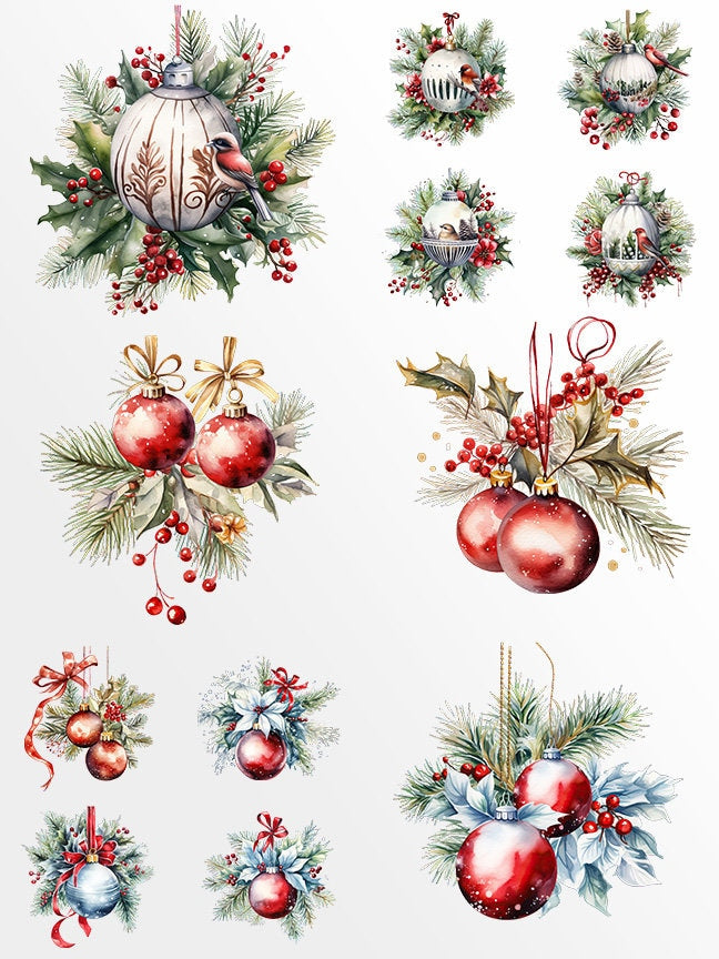 60 Christmas Decorations Clipart: Watercolor Ornaments for Crafts and Decor | PNG Bundle | Digital Download | Sublimation Designs| Retro Art