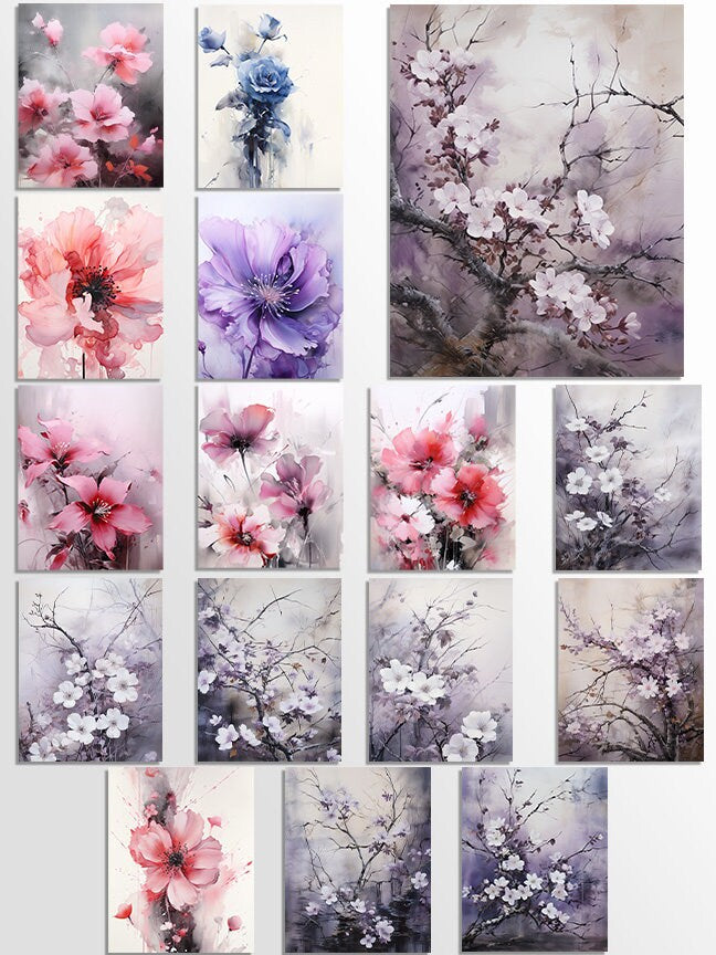 37 Ink Wash Flower Printable Art Pages| Digital Download JPG Paper Set| PNG sublimation| Oil Painting Digital Paper Bundle| Fine Art Graphic