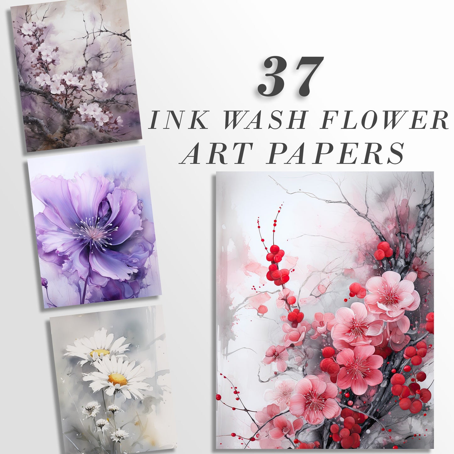 37 Ink Wash Flower Printable Art Pages| Digital Download JPG Paper Set| PNG sublimation| Oil Painting Digital Paper Bundle| Fine Art Graphic