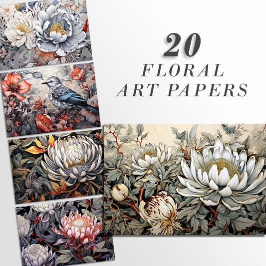 20 Floral Printable Art Pages | Digital Download | JPG Paper Set | Flower sublimation| Digital Paper Bundle| Retro Art style| Digital Prints