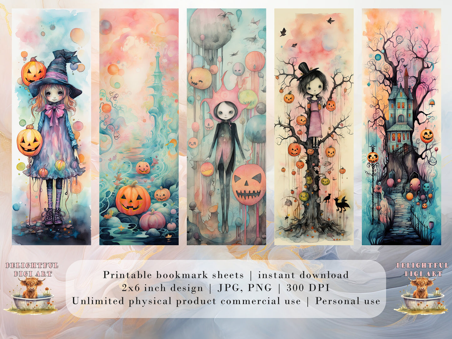 20 Cute Pastel Halloween Printable Bookmarks | Digital Download JPG Bookmark Set| PNG bookmark sublimation | Spooky bookmark set | Whimsical