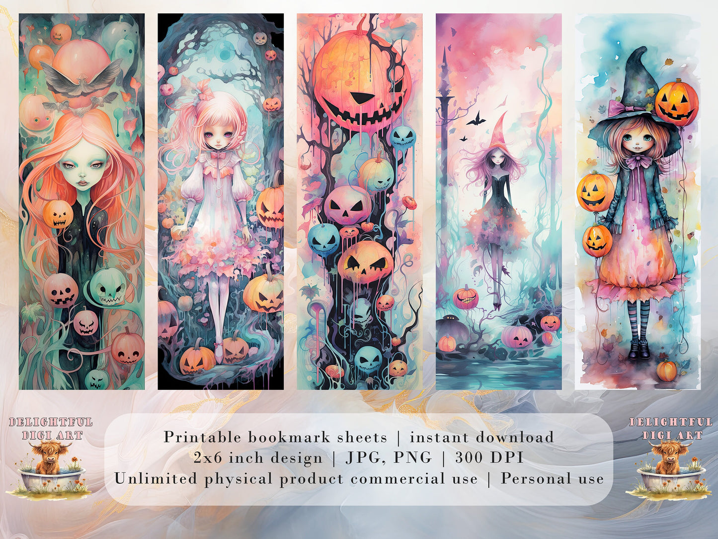 20 Cute Pastel Halloween Printable Bookmarks | Digital Download JPG Bookmark Set| PNG bookmark sublimation | Spooky bookmark set | Whimsical