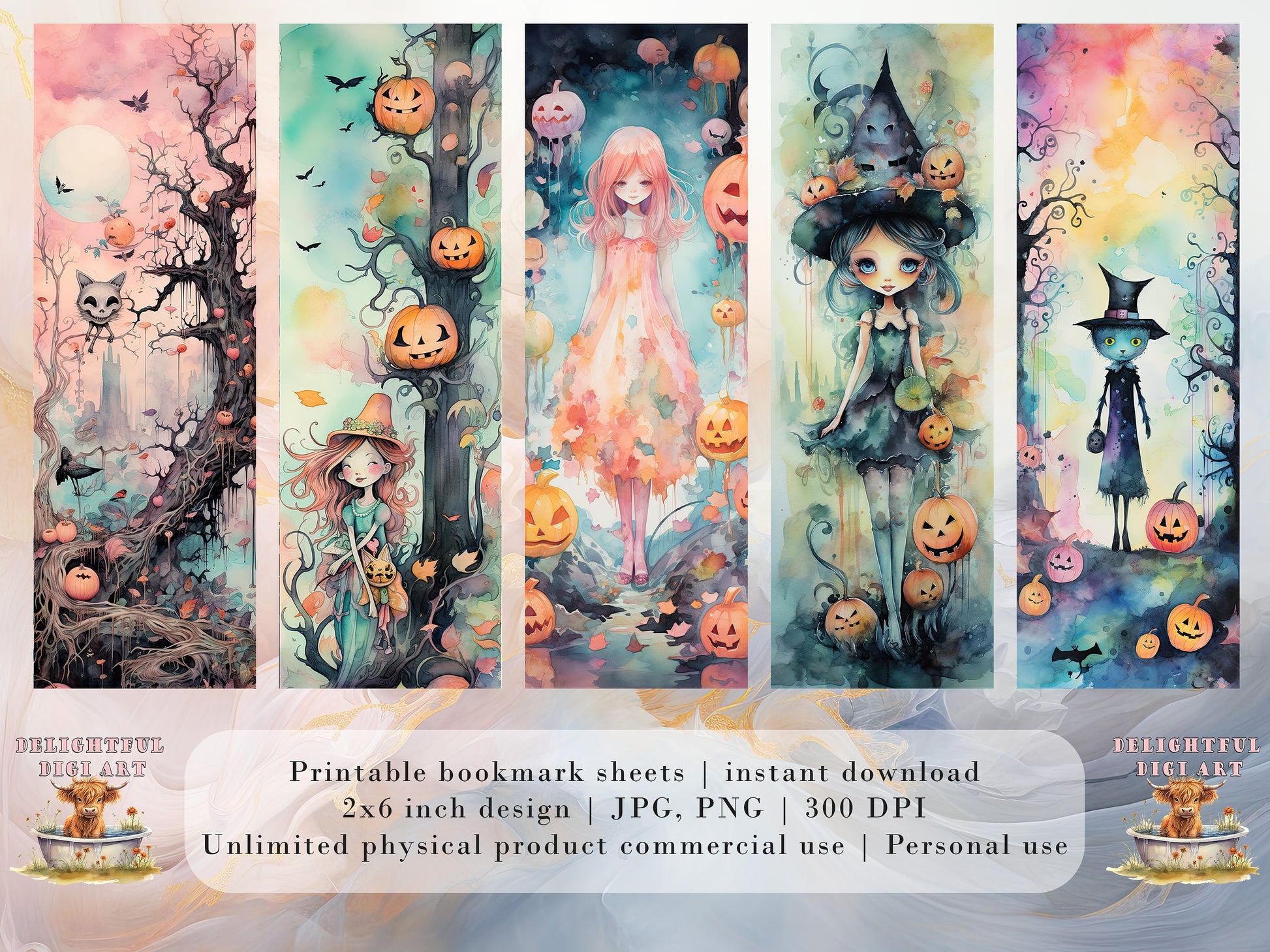 20 Cute Pastel Halloween Printable Bookmarks | Digital Download JPG Bookmark Set| PNG bookmark sublimation | Spooky bookmark set | Whimsical