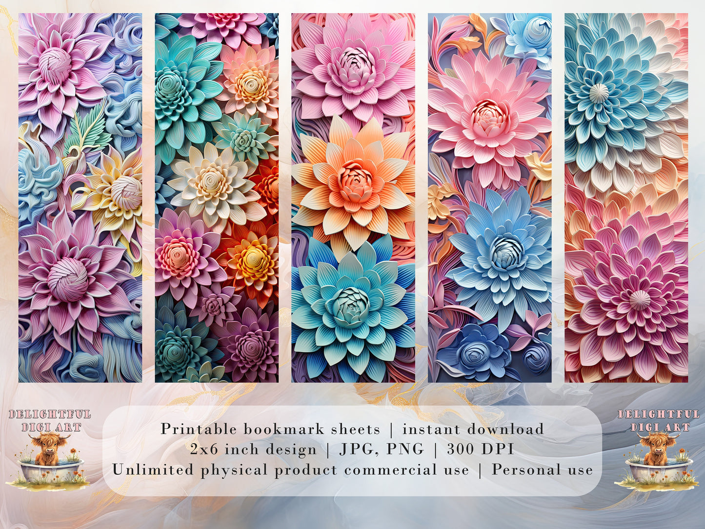 10 3D Pastel Flowers Printable Bookmarks | Digital Download JPG Bookmark Sheets | PNG bookmark sublimation | Floral bookmark set