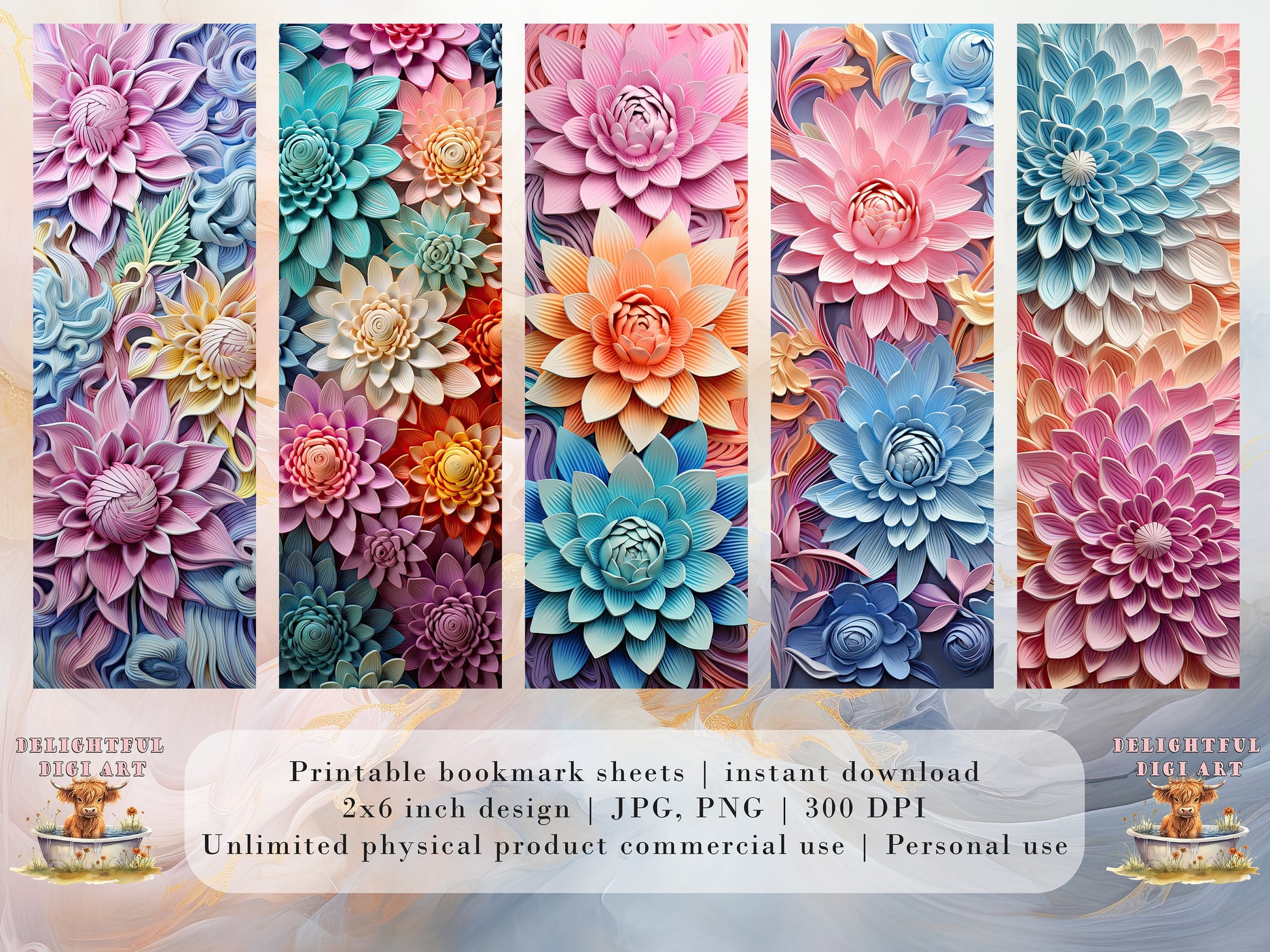 10 3D Pastel Flowers Printable Bookmarks | Digital Download JPG Bookmark Sheets | PNG bookmark sublimation | Floral bookmark set
