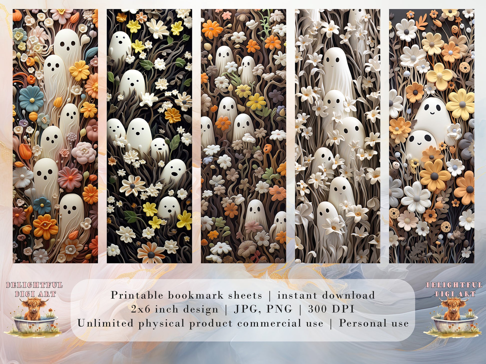 20 Ethereal Clay Ghosts and Flowers Printable Bookmarks| Halloween JPG Bookmark Set| PNG bookmark sublimation| Whimsical bookmark set