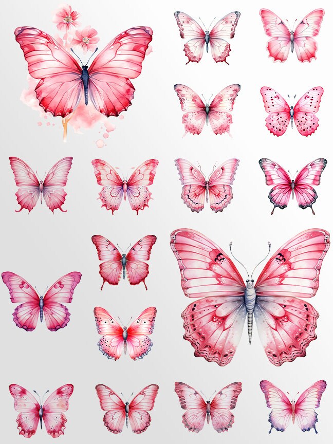 Pink Butterflies Clipart: Floral Art for Crafts and Decor| Watercolor PNG Bundle| Digital Download | Sublimation Designs| Printable Art