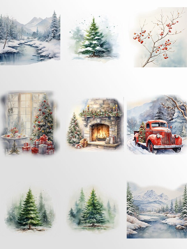 Watercolor Christmas Clipart - Winter Wonderland Clipart - Christmas Cards Clipart - Watercolor Clipart - Holiday Season - Scenes & Elements