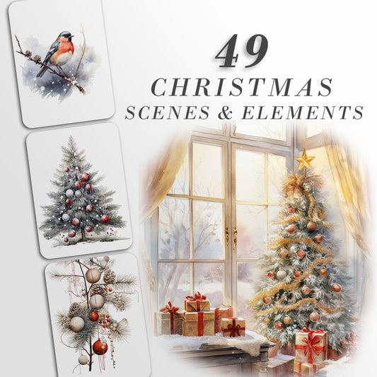 Watercolor Christmas Clipart - Winter Wonderland Clipart - Christmas Cards Clipart - Watercolor Clipart - Holiday Season - Scenes & Elements
